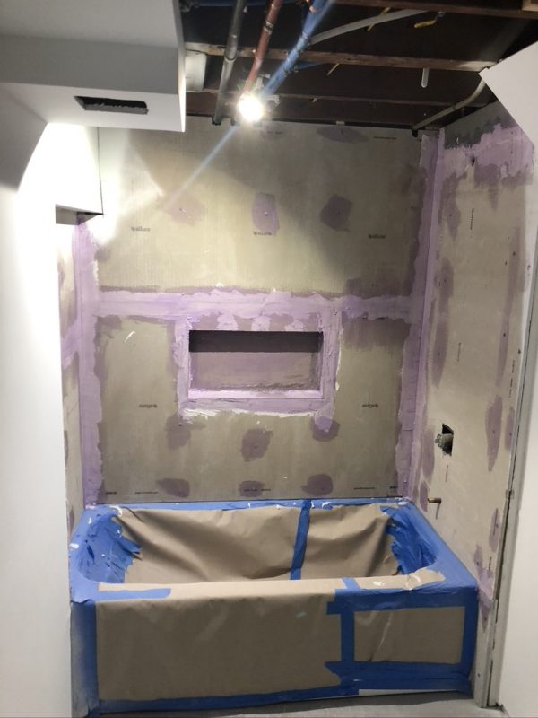 Basement bathroom, durock installed, waterproofing done