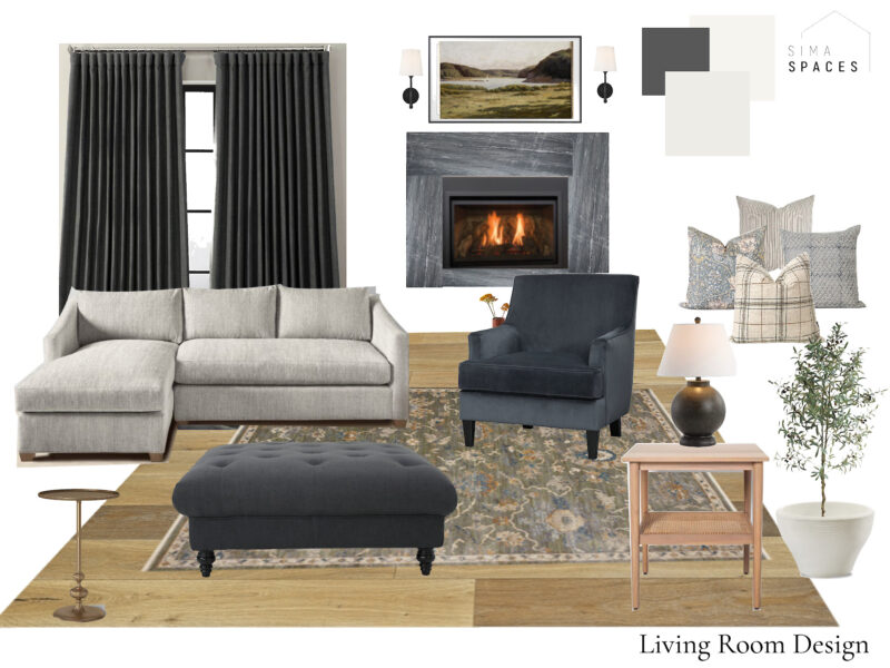 Sima Spaces living room furniture and finishes moodboard. Modern traditional style with moody accent colors and natural textures.